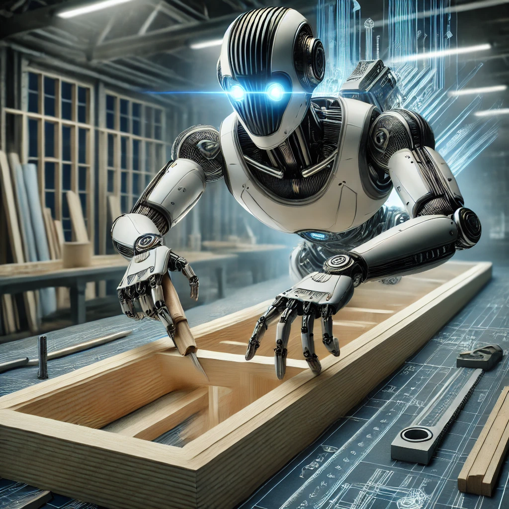 A futuristic carpenter robot with mechanical arms and precision tools, building a wooden structure with perfect accuracy. The robot has a sleek, metallic design and glowing digital eyes, symbolizing high efficiency. The background shows a construction site with wood materials and blueprints. The image should highlight the contrast between human carpenters and machine-like precision.
